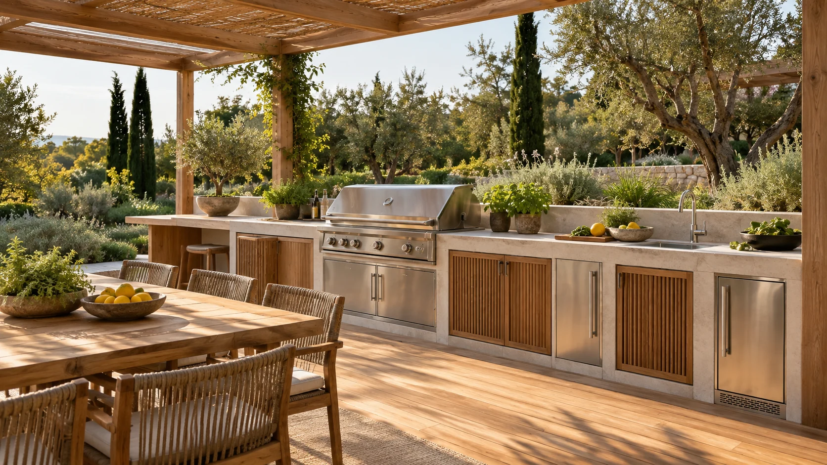 Outdoor kitchen concept with a grill, preparation counter, sink and warm timber storage beneath an open pergola.